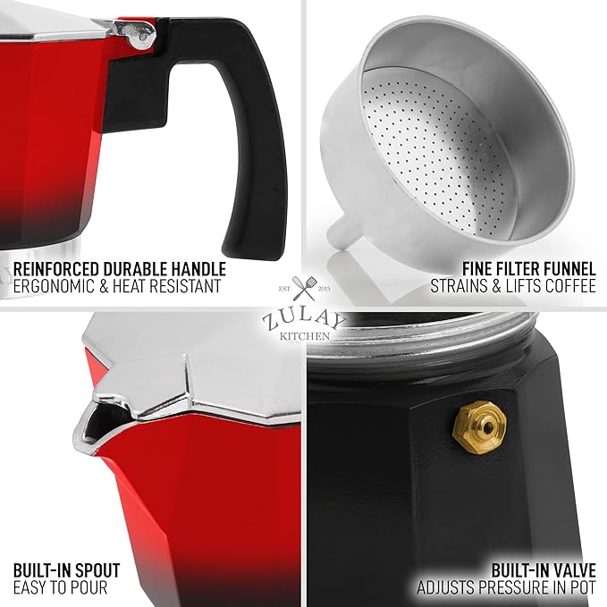 Zulay Kitchen Stovetop Espresso Maker - Moka Pot 3 Espresso Cups - Percolator Coffee Maker for Classic Cuban & Italian Style Espresso - Portable Coffee Maker for Camping & Travel - (Red/Black)