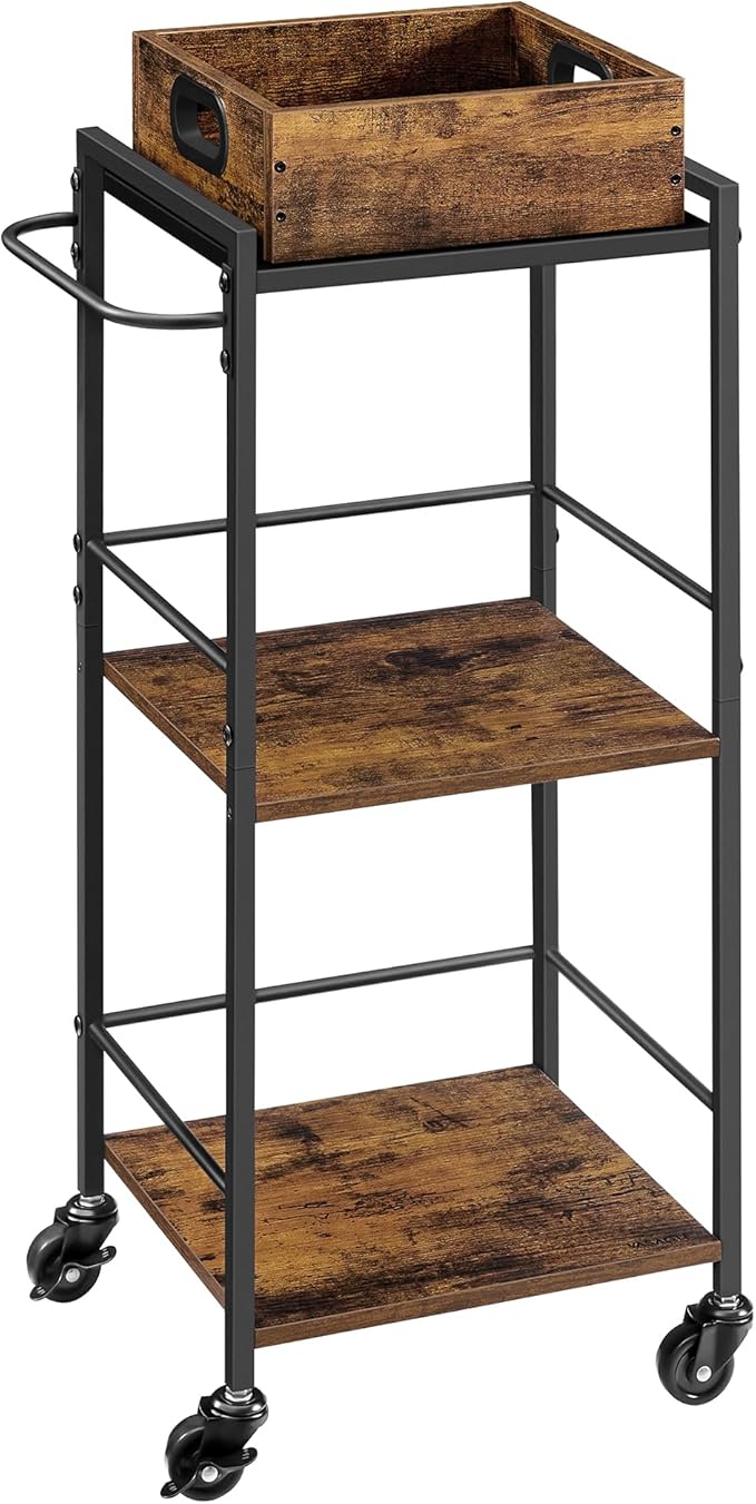 VASAGLE Kitchen Serving Cart with Removable Tray, 3-Tier Kitchen Utility Cart on Wheels with Storage, with Brakes, Leveling Feet, 11.8 x 13.7 x 33.9 Inches, Rustic Brown and Black ULRC062B01