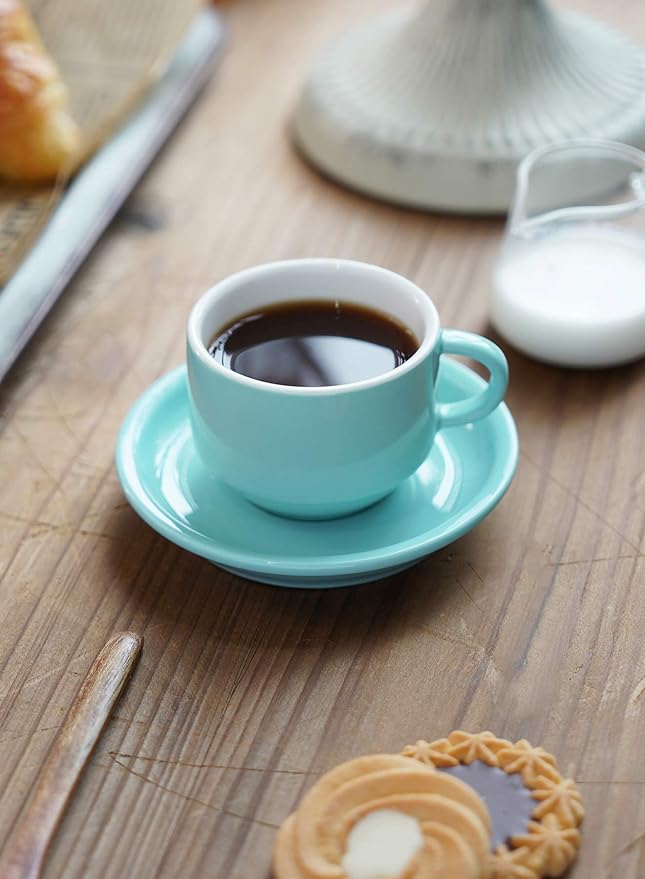 Sweese 4 Ounce Porcelain Stackable Espresso Cups with Saucers and Metal Stand Set of 4, Turquoise