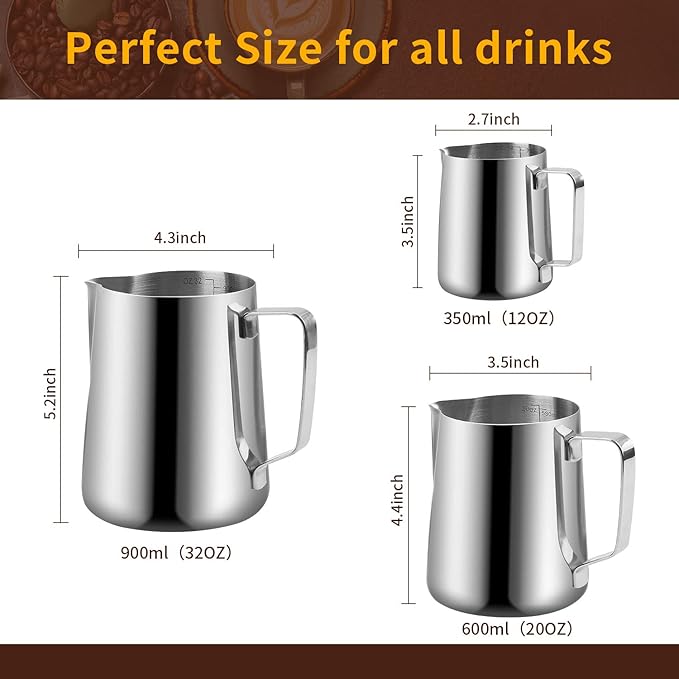 Espresso Milk Frothing Pitcher, Stainless Steel 300Z/900ML Coffee Milk Frother Cup with Decorating Art Pen for Espresso Machine, Latte Art