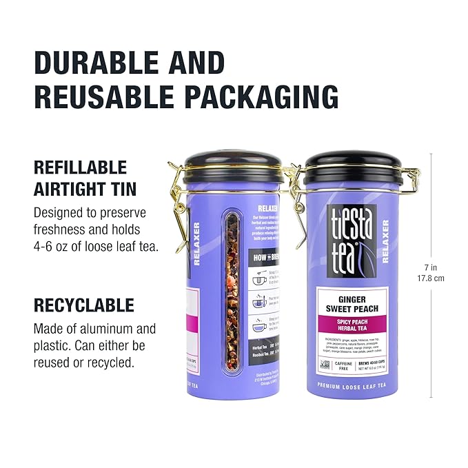 Tiesta Tea - Ginger Sweet Peach, Loose Leaf, Spicy Peach Herbal Tea, Tranquility Non-Caffeinated Blend, Bulk Hibiscus Leaves with Cane Sugar, Brews Up to 50 Cups, 6 Ounce Refillable Tin