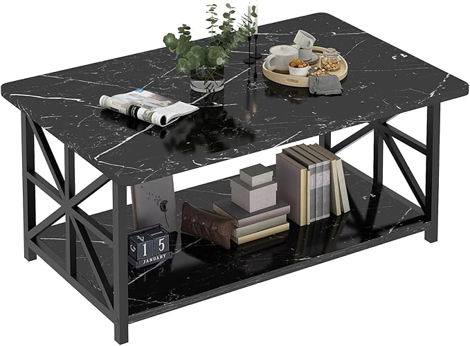 AWQM Faux Marble Coffee Table for Living Room,Modern 2-Tier Coffee Table with Storage,Rectangular Center Table for Sofa,Sturdy Frame,Black
