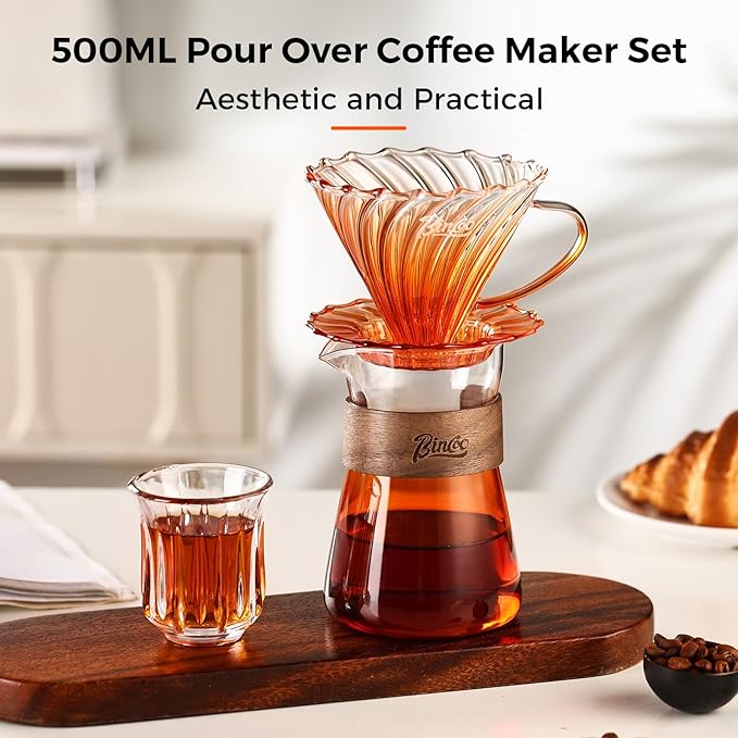 Bincoo Pour Over Coffee Maker Set - 500ML Glass Coffee Server,Glass Carafe with Coffee Dripper and 50PCS Paper Filter, Drip Coffee Maker Set for Home Café Restaurant (Orange)