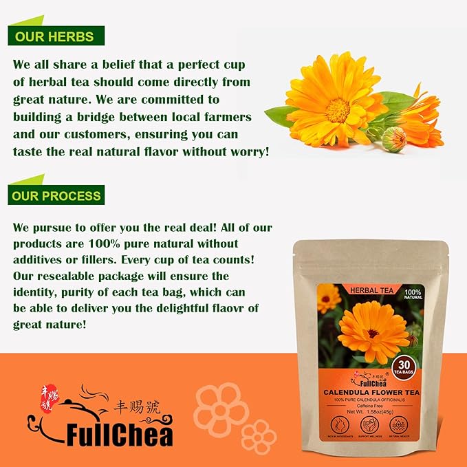 FullChea - Dried Calendula Flowers Tea, 30 Teabags, 1.5g/bag - Premium Calendula Tea For Skin Health & Support Wellness - Non-GMO - Caffeine-free - Natural Calendula Herbs