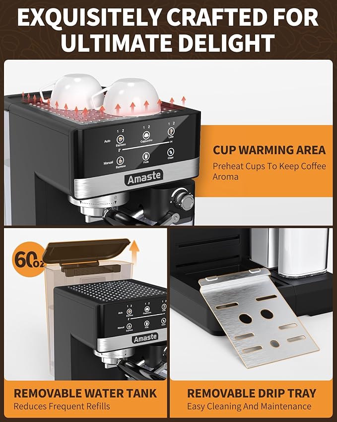 Amaste Espresso Machine, 20 Bar Cappuccino Machine With Touch Screen, Espresso Machine with Milk Frother for Home, 3-in-1 Latte Machine With Milk Tank for Espresso, Cappuccinos & Lattes, 1350W