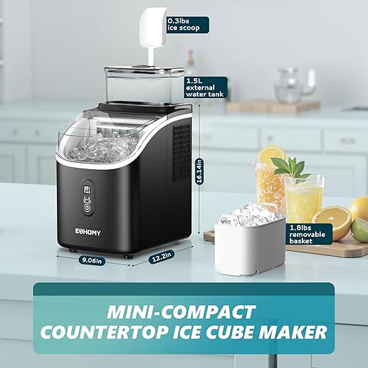 EUHOMY Ice Cube Maker Machine Countertop with External Water Tank, 34Lbs, 16Pcs Ready in 13 Mins, 2 Ways to Add Water, Auto-Cleaning, with Ice Scoop & Basket, for Home/Kitchen/Office/Bar (Black)