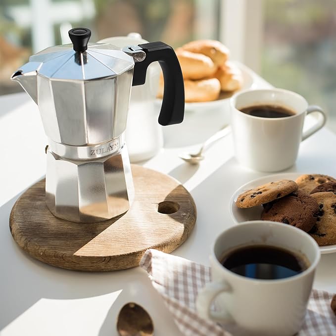 Zulay Moka Pot Espresso Stovetop Coffee Maker - Leak-Proof, Aluminum, Easy to Clean, Heat Resistant Handle & Knob - for Authentic Cuban & Italian Style Espresso - Makes 9 Espresso Cups - Silver
