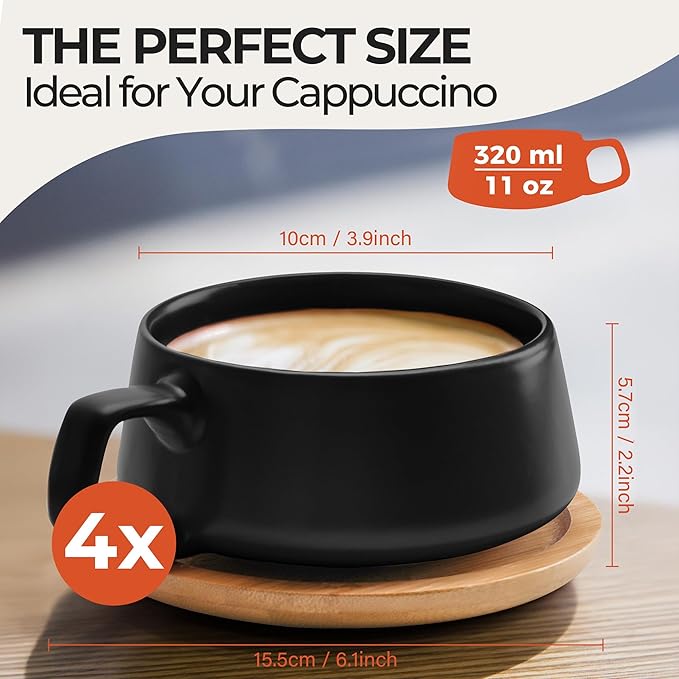 MIAMIO ā 11 Oz., Set of 4 Ceramic Tea Cup and Saucer Bamboo/Tea Mug - Wide Cappuccino Cup, Coffee Cups Ceramic Mug for Cappuccino, Latte, Espresso & Americano - Luxe Collection (Black)