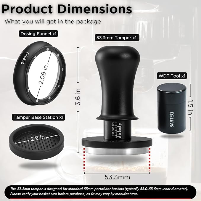 BARTEQ 53.3mm Espresso Accessories Kit, Self Leveling Double Spring Loaded Calibrated Coffee Tamper, Stainless Steel Ripple Base Fits 53mm-53.5mm Portafilters