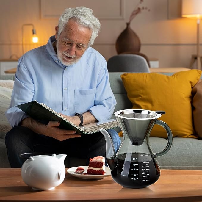 Unbreakable - Pour Over Coffee Maker with Double Stainless Filter 34 fl oz, Thickened Heat-Resistant Borosilicate Glass Pour Over Coffee Dripper, Stovetop Safe