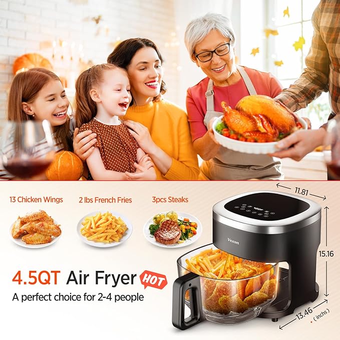 Vexon 6-IN-1 Glass Air Fryer,4.5QT Air Fryer with Viewing Glass Pot, Air Fry, Roast, Reheat, Dehydrate, Air Crisp Technology,Nonstick & Dishwasher Safe Basket,97% Less Oil,Features Digital Timer