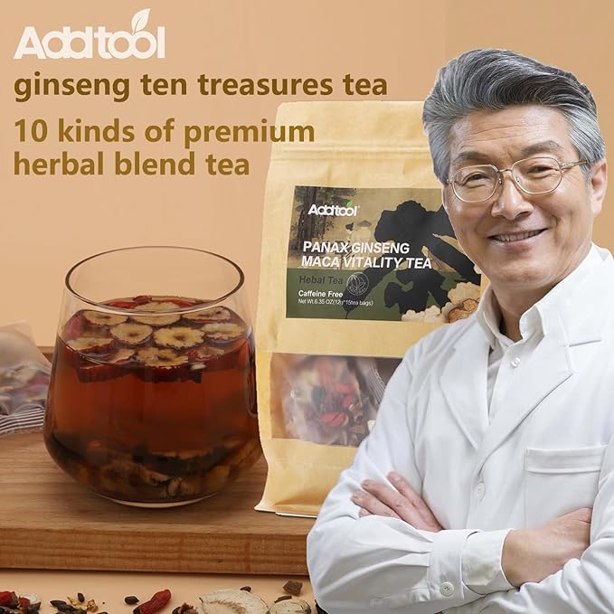 Addtool Maca Ginseng Power Blend Tea,Ginseng-Infused ten Treasure Kidney Tea , for Women & Men。with,Reishi Red Date Wolfberry Mulberry Cassia seed,Premium (180 grams / 15 packs) Each tea bag can be steeped multipletimes.