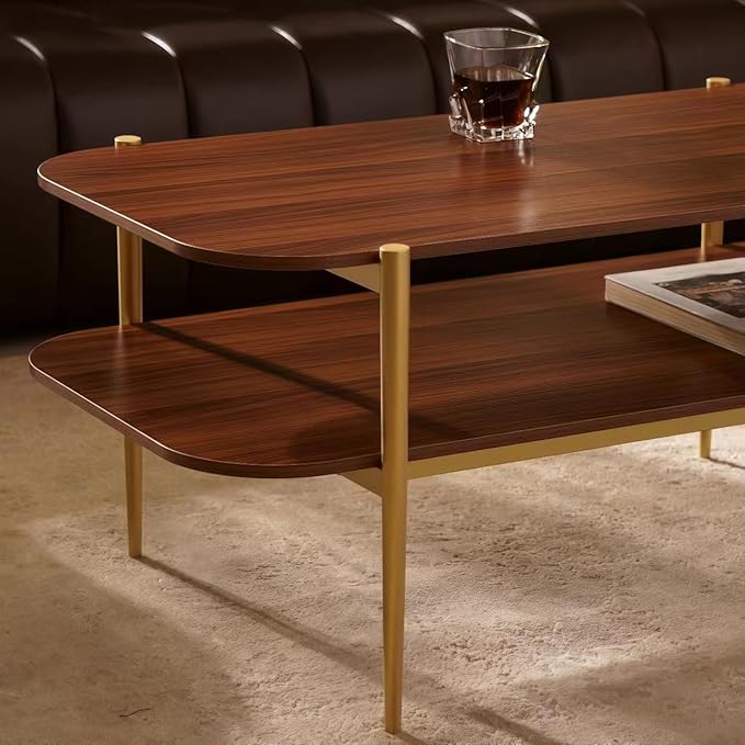 Shrine Rectangle Coffee Table, Mid-Century Modern Design, Two-Tier Walnut MDF Rounded Corner Table, 41" D x 21" W x 17" H, Sleek Conical Metal Legs with Gold Finish