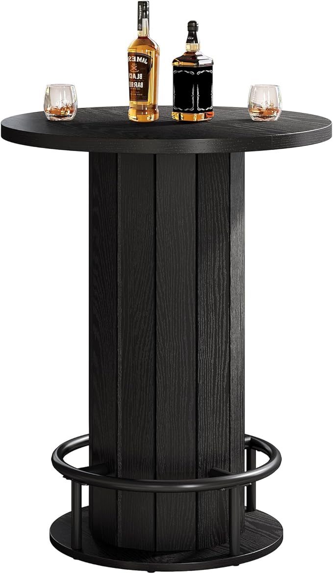 Tribesigns Round Bar Table, 39.4" H Wood Bistro Pub Table with Metal Ring Footrest for Dining Coffee Cocktail Living Room, Small Space, Black(Only Table)