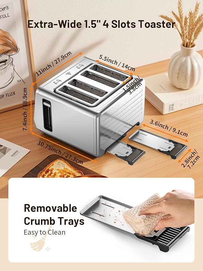4 Slice Toaster with Touch Screen, Stainless Steel Smart Bread Toaster, 1.5" Wide Slots, 6 Shade Settings & 6 Bread Types for Bagels, Timer, Single Slice Toasting, Reheat, Defrost, 1800W
