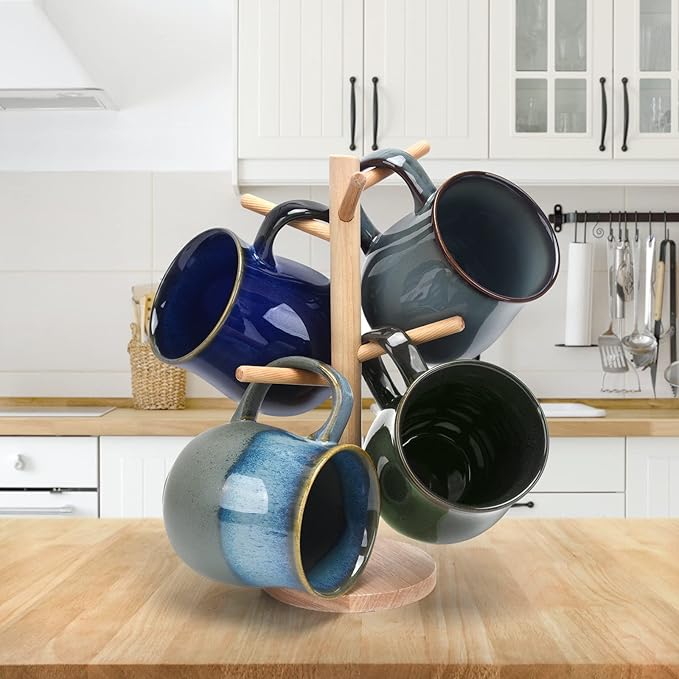 20 Oz Large Ceramic Coffee Mugs, 600ml Big Handle Handmade Pottery Tea Cup for Office and Home, Easy to Hold, Microwave and Dishwasher Safe, Hot Cold Drinking, Stylish Texture Glaze (Ink Green)