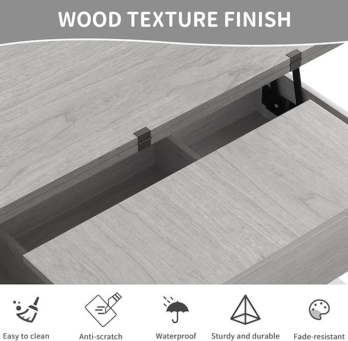 Lift Top Coffee Table with Storage, Grey Lift Top Coffee Table with Drawers and Hidden Compartment, Multi-Functional Center Table, Lift Tabletop Dining Center Table for Home Living Room Office