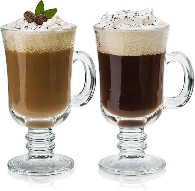Volarium Irish Glass Coffee Mugs, Latte Cups, Set of 2 Cappuccino and Hot Chocolate Mugs with Handle, Clear Glass Mugs for Hot Beverages, 7 3/4 oz