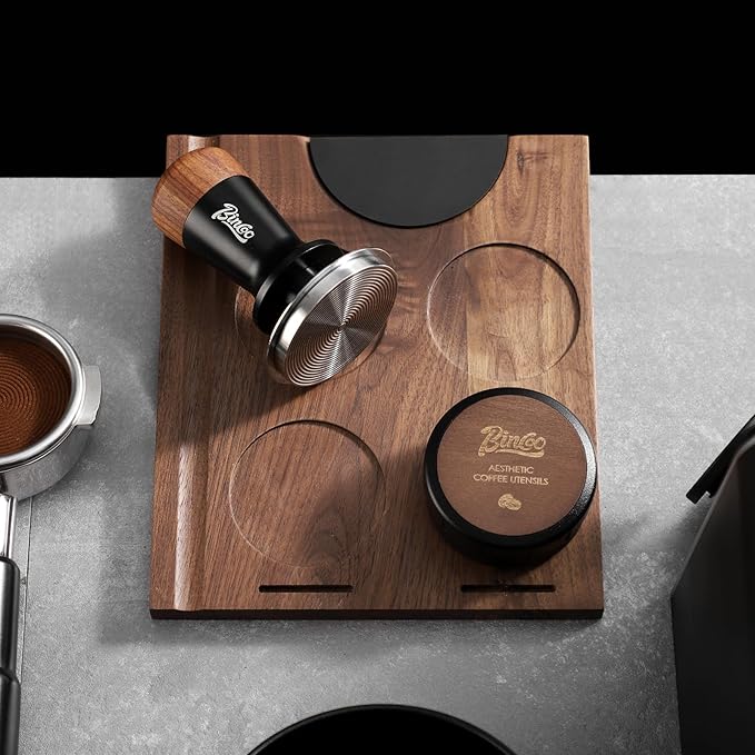 Bincoo Wooden Corner Coffee Tamper Mat,Espresso Tamper Station,Suit for 51-58mm Coffee Tamper Holder Pad for Baristas Protect Your Worktop (Brown)