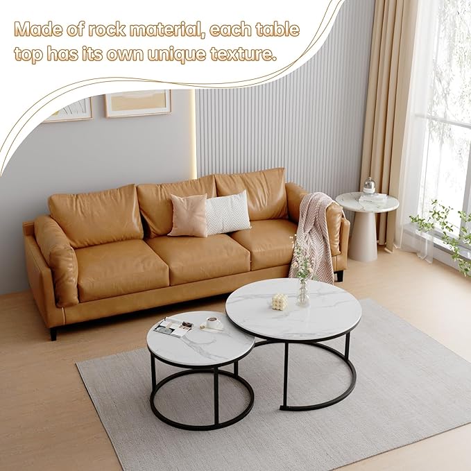 Round Nesting Coffee Table, White Modern Decorative Coffee Center Table Set of 2,Round Sintered Stone 24'' Coffee Table for Living Room with Sturdy Metal Frame.