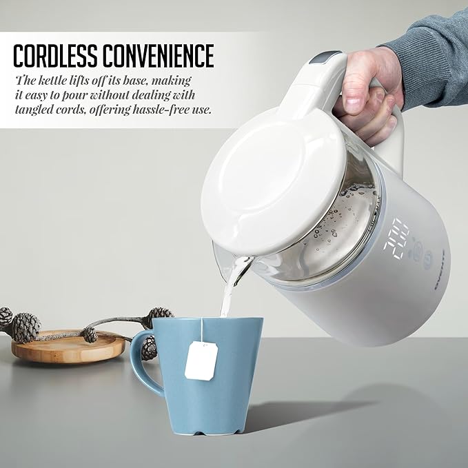 OVENTE Electric Kettle with 5 Temperature Control Presets, LED Digital Display, 5Hr Keep Warm Function, Auto Shut-Off and Boil Dry Protection, 1500W BPA Free Glass Water Heater and Boiler, White KD95W