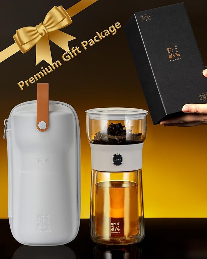 ZENS Modern Tea Pot, Glass Teapot with Infusers for Loose Tea Diffusers with One Touch Pouring, Cool Portable Tea Maker with Insulated Tea Mug and Travel Tea Kits for Tea Lover Gifts