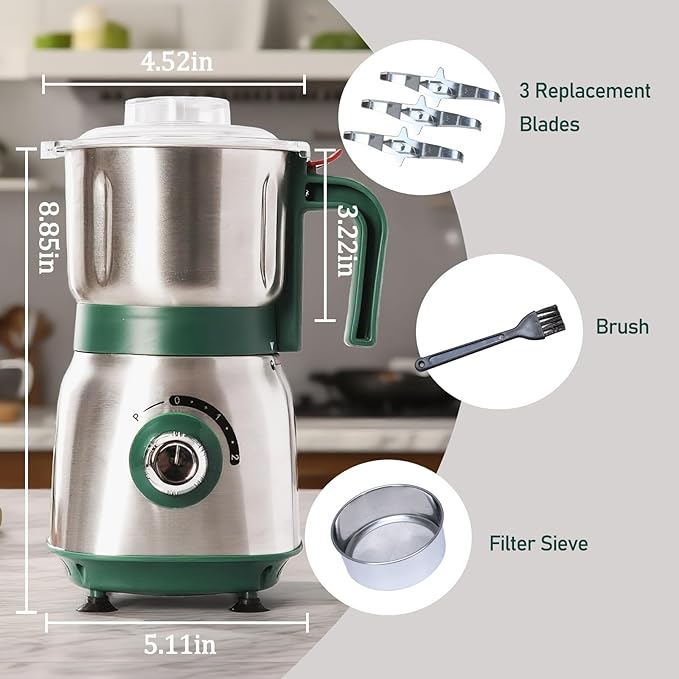 Electric Grinder for Kitchen - 500W Grain Mill with 3 Stainless Steel Blades, Versatile Spice Grinder for Coffee, Grinding Spices, Bean, Grains, Nuts (Green)