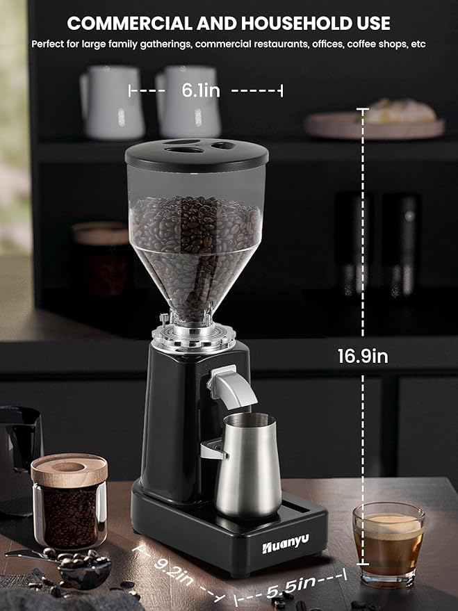 Huanyu Burr Coffee Grinder- Stainless Steel Flat Burr, 19 Precise Grind Settings, 35oz Capacity and Dual Dosing for Espresso, Hand Punch, French Press Black