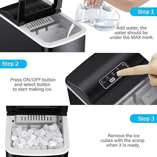 Counter top Ice Maker Machine, 26Lbs/24H Self-Cleaning Ice Makers Countertop, 9 Cubes Ready in 6mins Portable Ice Cube Maker with Ice Scoop Basket, Hook for Home Camping Party (Black)