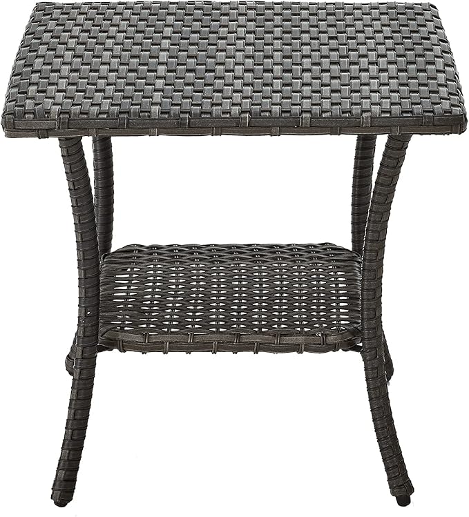HUMMUH Outdoor End Table,Patio Wicker Small Side Table, PE Rattan Coffee Table with 2-Tier Storage Shelf for Bistro Set Conversation Sets Grey