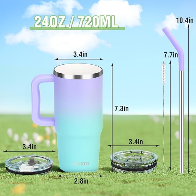 Zukro 24 oz Ceramic Lined Insulated Tumbler with Handle and Straw, No Metal Taste or Smell, Travel Coffee Mug with Spillproof Lids, No Sweat Stainless Steel Cup, Dishwasher Safe, Black