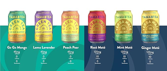 Sparkling Mint Yerba Mate by Tama Tea - Unsweetened Natural Energy Drink with Real Fruit & Herbs - Healthy Caffeine Drink Alternative - 120mg of Brain-Boosting Caffeine, 10 Calories - 12oz Pack of 12