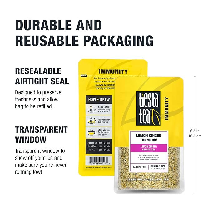 Tiesta Tea - Lemon Ginger Turmeric, Loose Leaf, Lemon Ginger Herbal Tea, Premium Blend, Non Caffeinated Herbal, Make Hot or Iced Brews Up to 25 Cups, 2.5 Ounce Resealable Pouch