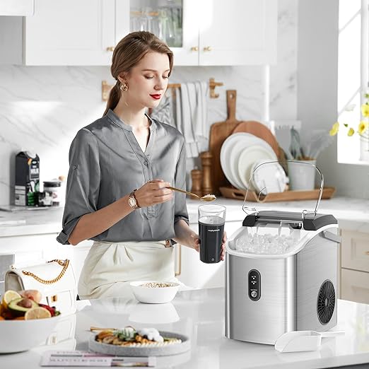 Nugget Ice Maker Countertop with Self-Cleaning Function, Sonic Ice Machine with Handle, Compact Design for Home Use(Stainless Steel Silver)