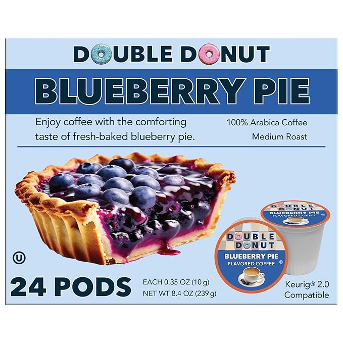 Double Donut Coffee Blueberry Coffee Pods, Single Serve Blueberry Flavored Coffee Pods, Medium Roast Coffee for Keurig K Cups Brewers, 24 Count