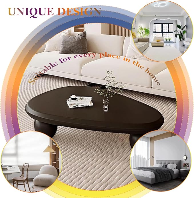 Cream Style Coffee Table with Spacious Smooth Tabletop & Stable Ellipsoidal Legs, Simple Stylish Center Table for Farmhouse Living Room (I-Black)