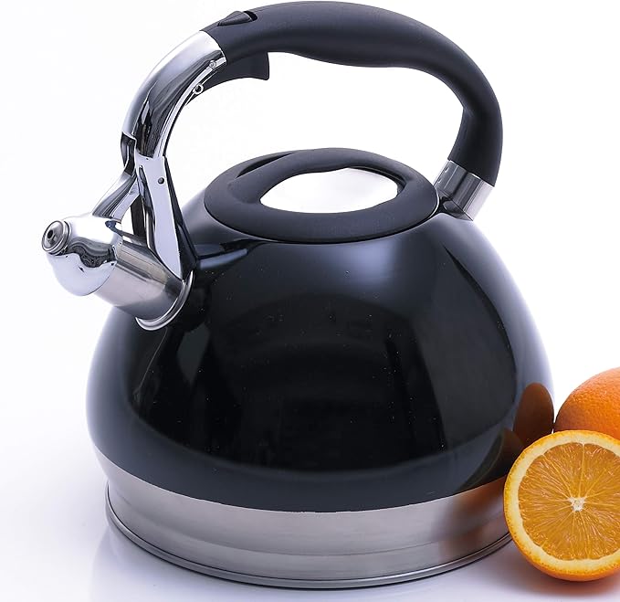 Creative Home 3.5 Quart Whistling Tea Kettle for Stovetop, Food Grade Stainless Steel Tea pot, Fast Boiling Water, Ergonomic Handle, for Gas & Induction, Black