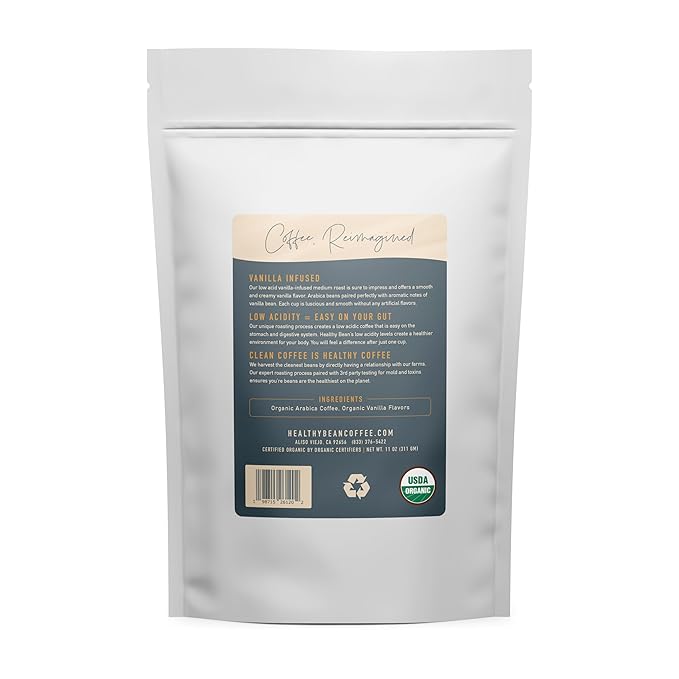 Healthy Bean Organic Ground Coffee Vanilla Infused - Low Acid Coffee Grounds for Sensitive Stomach - Medium Roast Blend, USDA Organic, High Antioxidants, Smooth and Creamy Vanilla-Infused Flavor, 11oz
