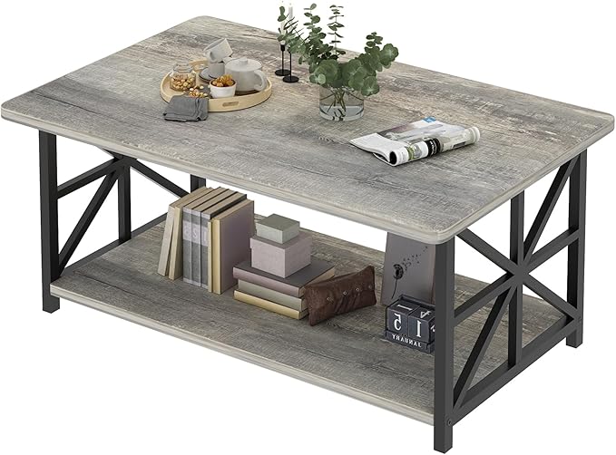 AWQM Gray Coffee Table for Living Room with Round Corners, 2 Tier Living Room Table with Storage Shelf,Rectangular Coffee Table Center Table for Small Spaces,Easy Assembly