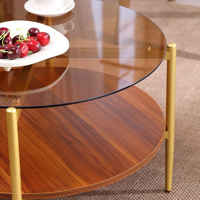 Round Glass Coffee Tables, Mid Century Center Table with Brown Glass Top, Solid Brown Storage Shelf and Sturable Gold Legs for Small Space, Office, Department, Living Room