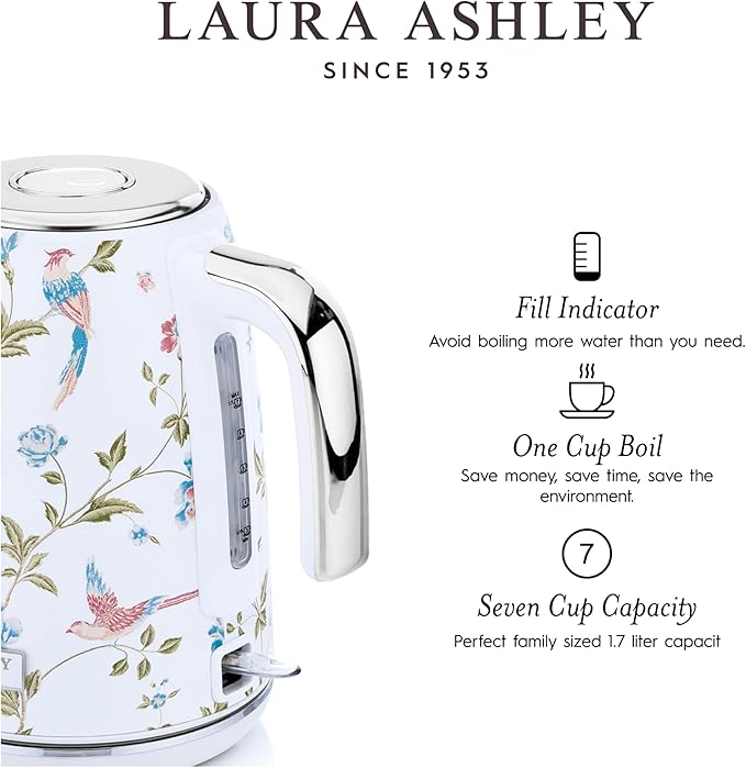 Laura Ashley Stainless Steel Electric Kettle 1.7 Liter - 1500W Rapid Boil Electric Kettles for Boiling Water - Electric Tea Kettles Automatic Shut Off - Overheat & Boil Dry Protection Jug Kettle