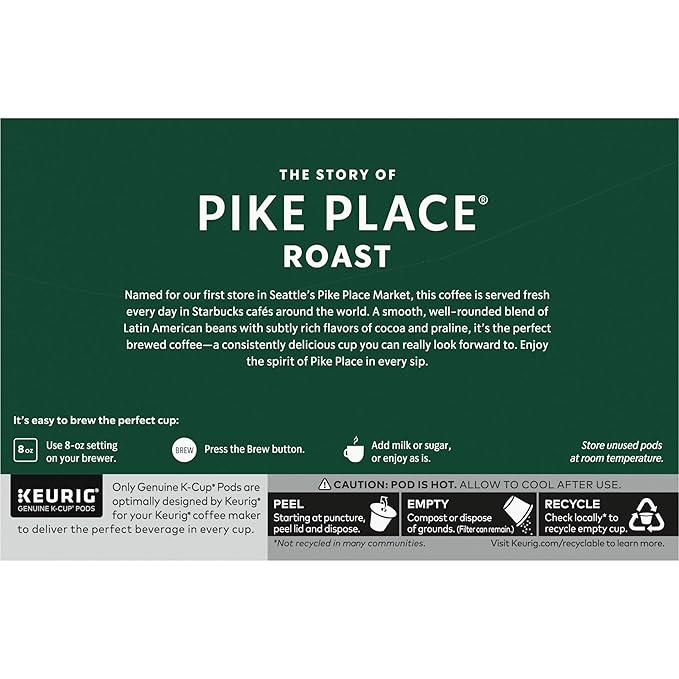Starbucks K-Cup Coffee Pods, Medium Roast Coffee, Pike Place Roast for Keurig Brewers, 100% Arabica, 6 boxes (60 pods total)