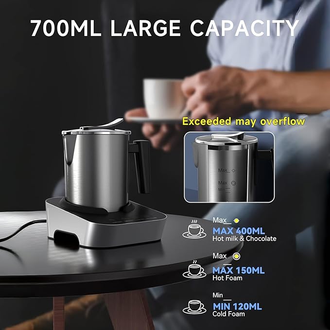 Wamife Electric Milk Frother and Steamer for Coffee with Milk Frother Cup (700ml/23.6oz,Milk 150ml) 4-in-1 Milk Foamer Hot Chocolate Maker,Hot & Cold Foam Maker,Heated Milk,Dishwasher Safe with Whisk