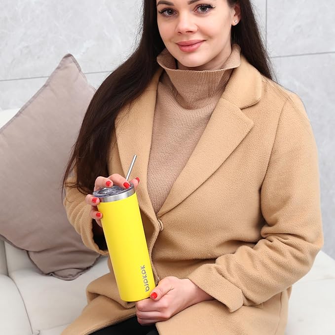 BJPKPK 20 oz Skinny Tumbler with Lid 2 Pack Slim Insulated Travel Coffee Cup Stainless Steel Thermal Mug,Green,Light Pink