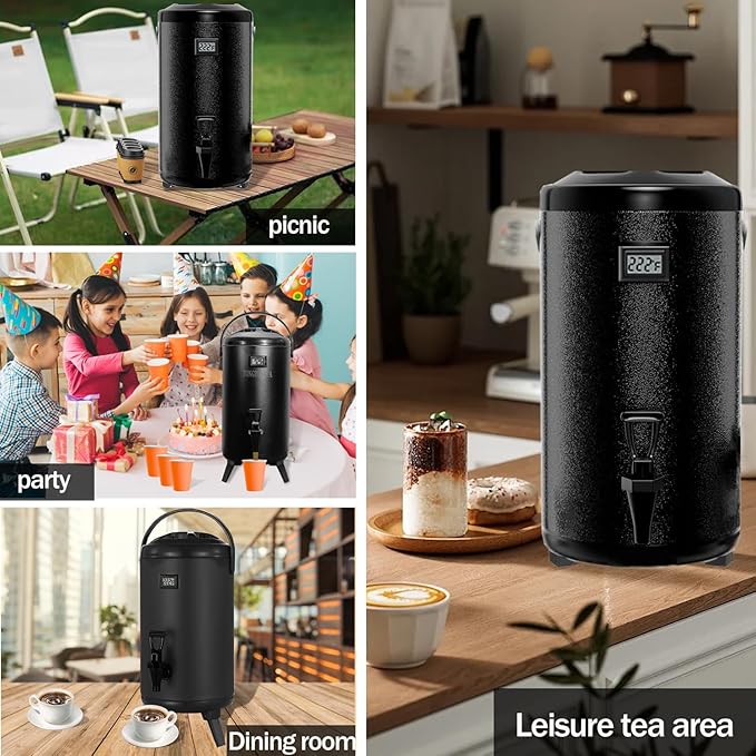 Insulated Beverage Dispenser, 12L/3.2gallon 304 thickened food-grade stainless steel Hot Drink Dispenser, Hot&Cold water urn with thermometer faucet for hot tea&coffee, cold milk, water, juice(Black)
