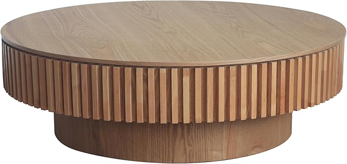 39 Inch Round Drum Coffee Table with Storage, Modern Handcraft Fluted Drum Coffee Table, Wooden Round Cocktail Tea Table Center Table with Sturdy Pedestal for Living Room Apartment (Natural)