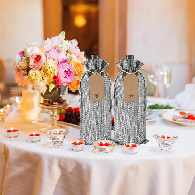 Windyun 100Pcs Burlap Wine Bags Drawstring Wine Bottle Gift Sacks with Tags 5.9 x 13.8 Inch Jute Burlap Plain Wine Bags for Wedding Birthday Blind Tastings Christmas Travel Party (Gray)