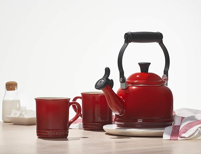 Le Creuset Enamel On Steel Demi Kettle & Stoneware Set of 2 Mugs, 1.25 qt. Kettle & (2) 14 oz. Mugs, Cerise