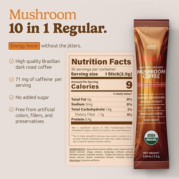 10-in-1 USDA Certified Organic Mushroom Coffee Instant, Instant Mushroom Coffee Brazilian Dark Roast for Better Energy, Focus, Gut Health, 30 Sticks, Regular Caffeine - MatchaDNA