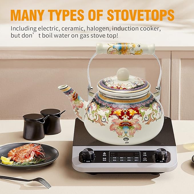 2.5L White Flowered Tea Kettle with Ceramic Handle, Floral Ceramic Enamel Teapot for Stovetop, No Whistle